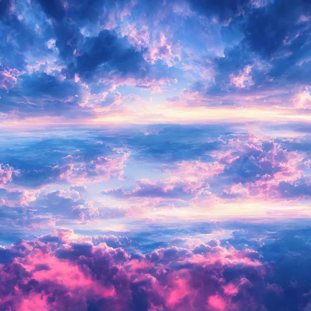 Prompt: sunrise empty sky over a continuous cloud layer, blue and pink accents, matte bright highly detailed, epic, 3D render, digital art, artstation, 8K artistic photography, photo-realistic, by Hiroya Oku, Jenny Seville, Salvador Dali, Francis Bacon, WLOP