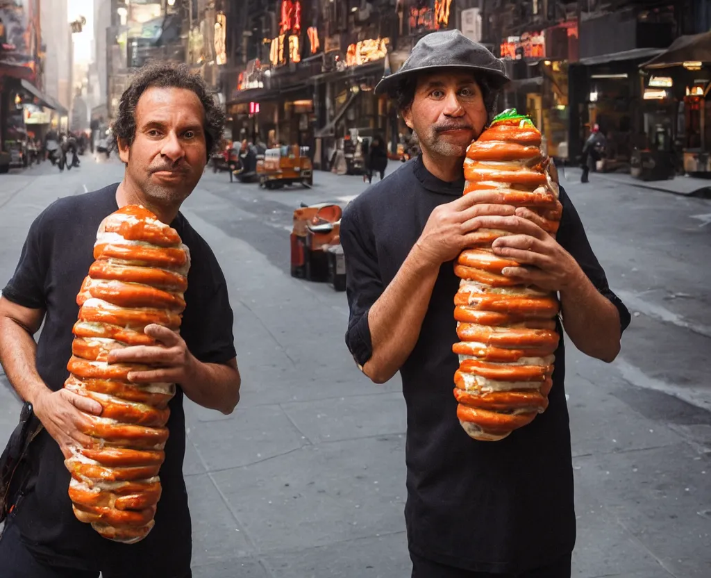 Image similar to closeup portrait of a man carrying a giant hotdog on his shoulder in a smoky new york back street, by Annie Leibovitz and Steve McCurry, natural light, detailed face, CANON Eos C300, ƒ1.8, 35mm, 8K, medium-format print