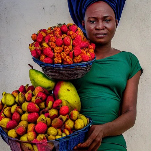 Prompt: very beautiful portrait of a nigerian yoruba fruit seller