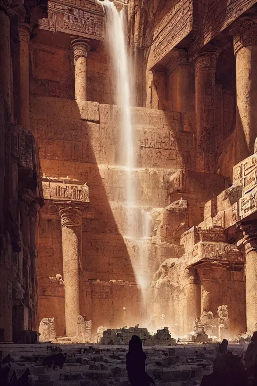 Image similar to looking up at ancient egyptian ruins interior, waterfall, huge statues, intricate, elegant, vivid colors, highly detailed, john park, craig mullins, sparth, ruan jia, jeffrey catherine jones