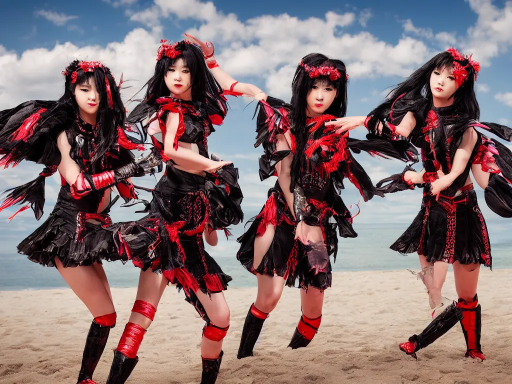 Prompt: babymetal 3 members performing on a tropical beach beautiful, scenery, highly detail face, dynamic pose, High Definition detail, 8K, photography