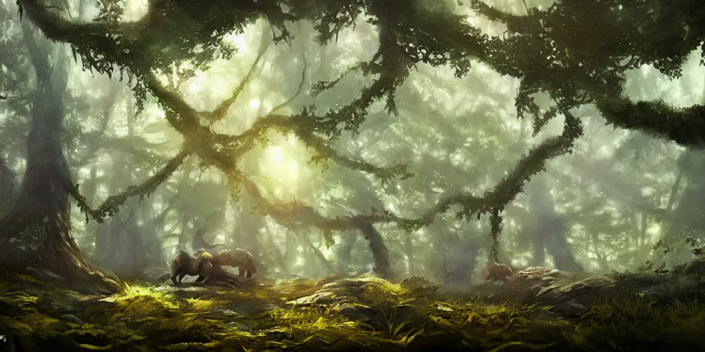 Image similar to a forest, detailed oil painting, cinematic angle, hyperrealistic, breathtaking, cinematic lighting, Studio Ghibli, Jessica Rossier, digital art, octane render, epic composition, trending on artstation, masterpiece