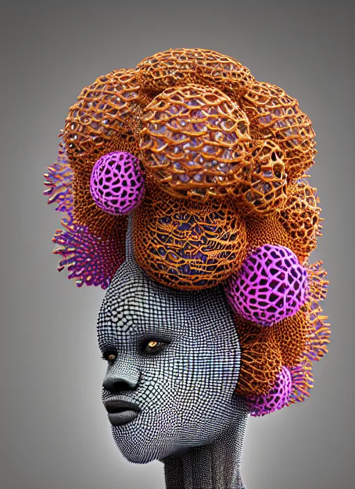 Prompt: intricate hyper detailed ultra sharp 3 d render porcelain afro maasai warrior biomechanical cyborg, hexagonal wire mesh, analog, studio light, iris van harpen haute couture, laser cut paper collar, headdress with daisies, colorful puffballs, huge fractal mushrooms, rhizomorphs, brackets, sponge corals, intricate details, octane render, 8 k