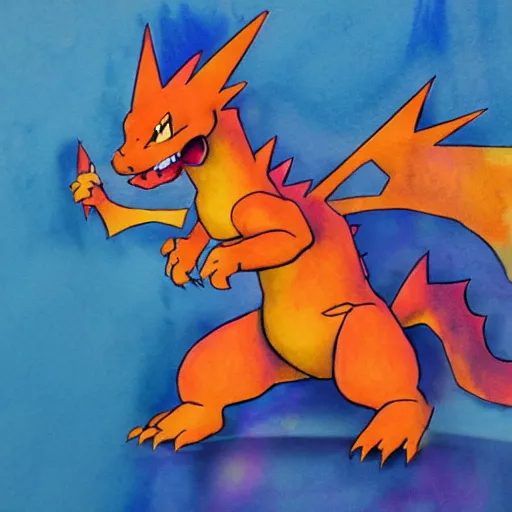 Image similar to charizard, watercolors, trending, artstation, stained paper