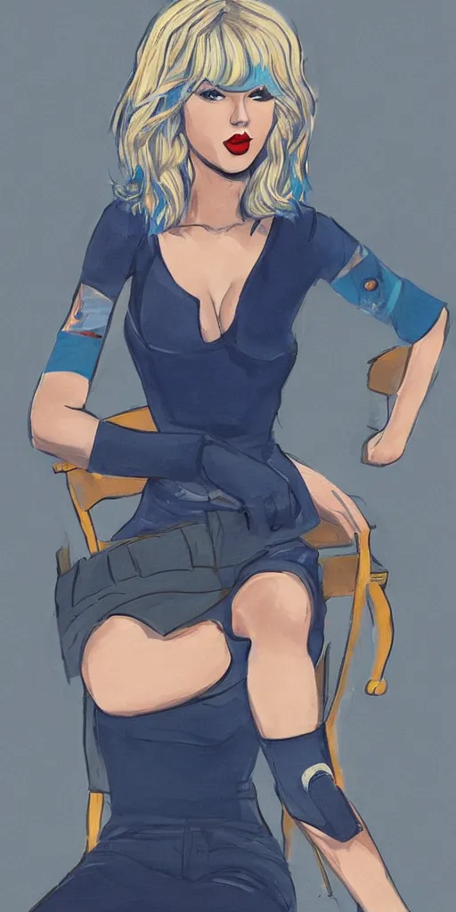 Image similar to a fully shaded 2 d art of taylor swift sitting on a chair with short blue hair, art by matthew orders, trending on artstation