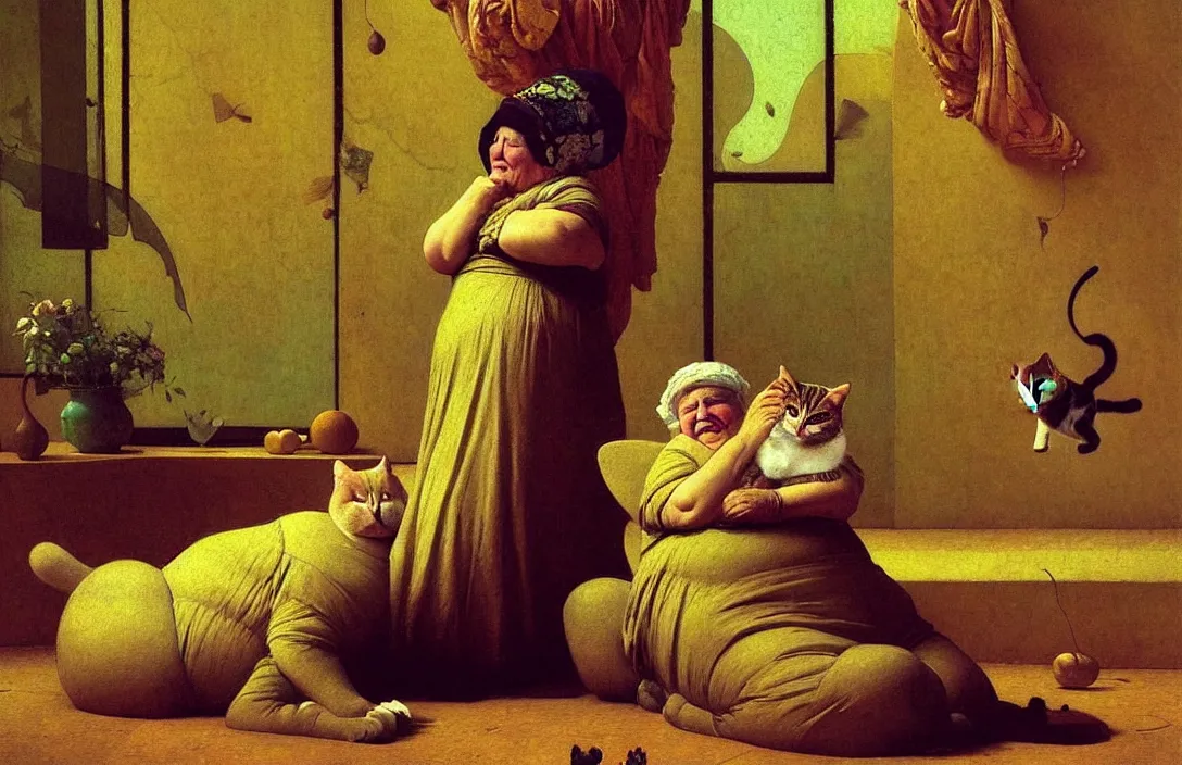 Image similar to a sweet fat old happy woman with a cat on her head. an artistic and poetic scene. jean - leon gerome, orientalism, academicism, angel, beautiful, highly detailed, color harmony, octane render, ornate, paul klee, flowers, window, zbrush, realism, darkness, alchemical, style of moebius