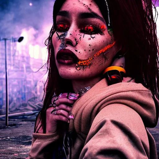 Image similar to digital painting of a streetwear woman holding back tears, a futuristic shanty town burns in the background, distress, tattoos, dark strokes, dark glitter, 4k, 8k, hd, full color, octane render, trending on artstation, highly detailed