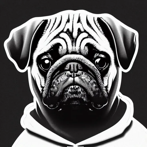 Image similar to a sad pug wearing a hoodie, the word ( sad ) is typed on the hoodie in upper case letters, digital art, synthwave style, trending on artstation, matte painting