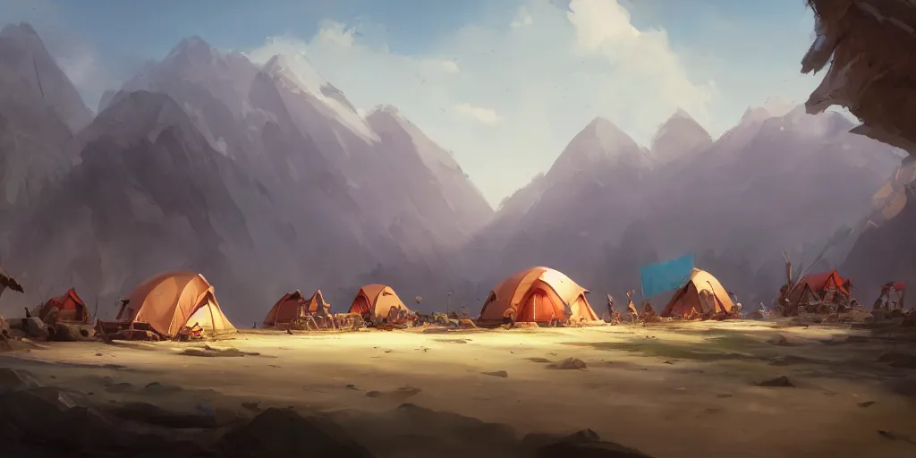 Image similar to Small camp with tents at the pristine beach. In style of Greg Rutkowski, Jesper Ejsing, Makoto Shinkai, trending on ArtStation, fantasy, great composition, concept art, highly detailed, scenery, 8K, Behance.