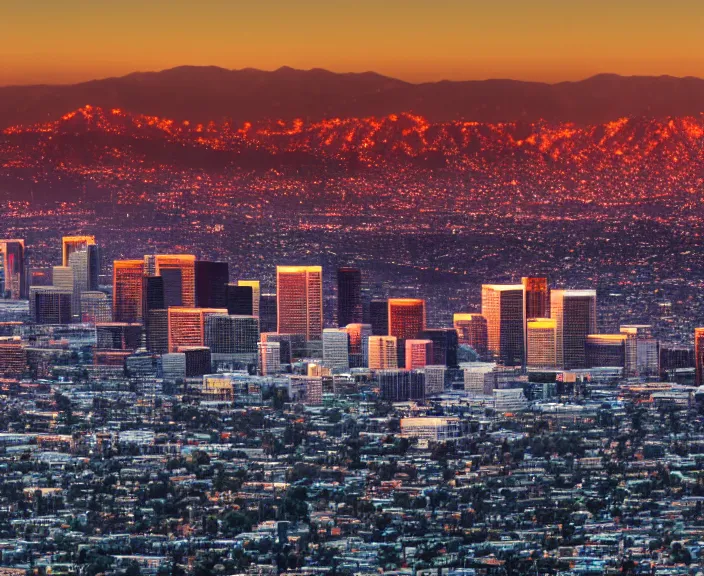 Image similar to 4 k hd, high detail photograph of los angeles at sunset, shot with sigma f / 4. 2, 2 5 0 mm sharp lens, wide shot, volumetric lighting, high level texture render, unreal engine