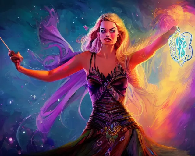 Image similar to margot robbie as a beautiful magician casting colorful spells, fantasy art, in the style of Fernando Juarez, illustration, epic art, fantasy, intricate, elgant, amazing detail, digital painting, artstation, concept art, smooth, sharp focus