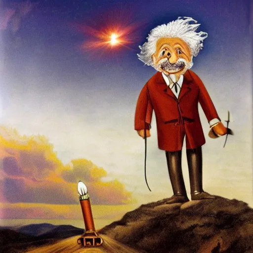 Prompt: albert einstein riding on a rocket through the evening sky