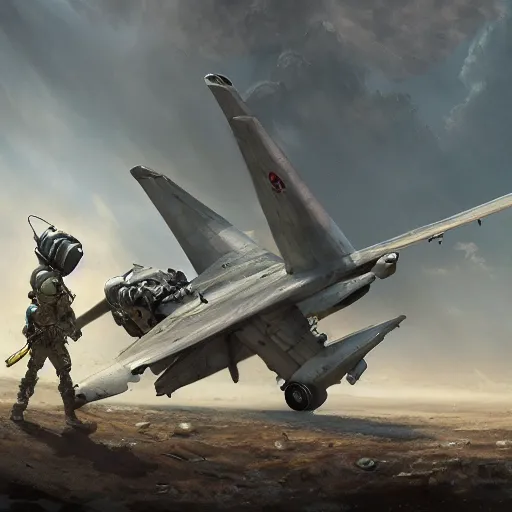 Image similar to A Military Pilot Exploring the Crash Site of an Alien Jet, Fantasy Illustration by Tony Sart and Gref Rutkowski, Trending on Cgsociety