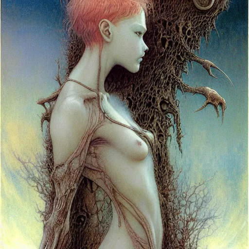 Image similar to cute young vampire tomboy girl with short short short dark hairs on lovecraftian planet by jean delville by luis royo and wayne barlowe, beksinski