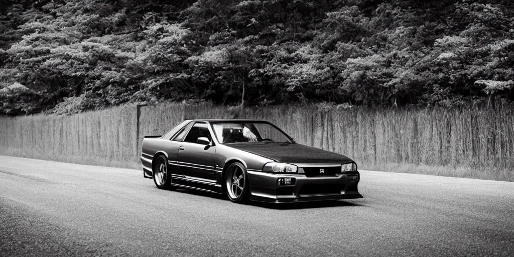 Prompt: Beautiful Photograph of Nissan Skyline R33 on a road in Japanese countryside, Night