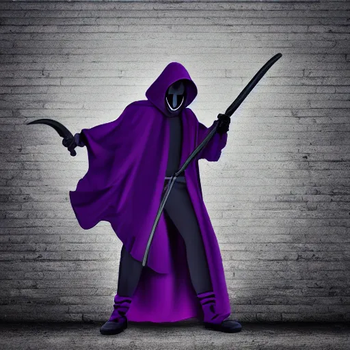 Image similar to grim reaper, purple cloak, full body