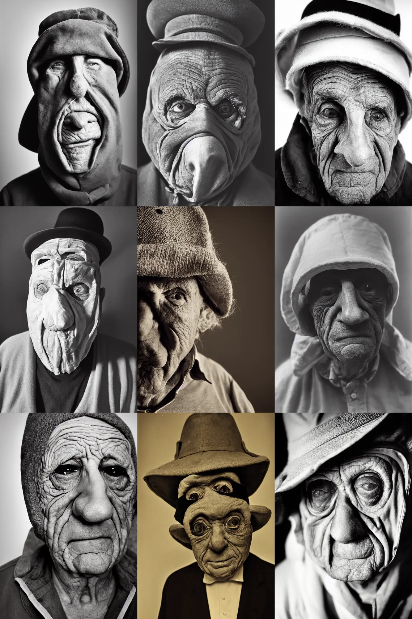 Prompt: high contrast studio close - up portrait of a wrinkled old man wearing a pulcinella mask, clear eyes looking into camera, baggy clothing and hat, backlit, dark mood, nikon, photo by diane arbus, masterpiece