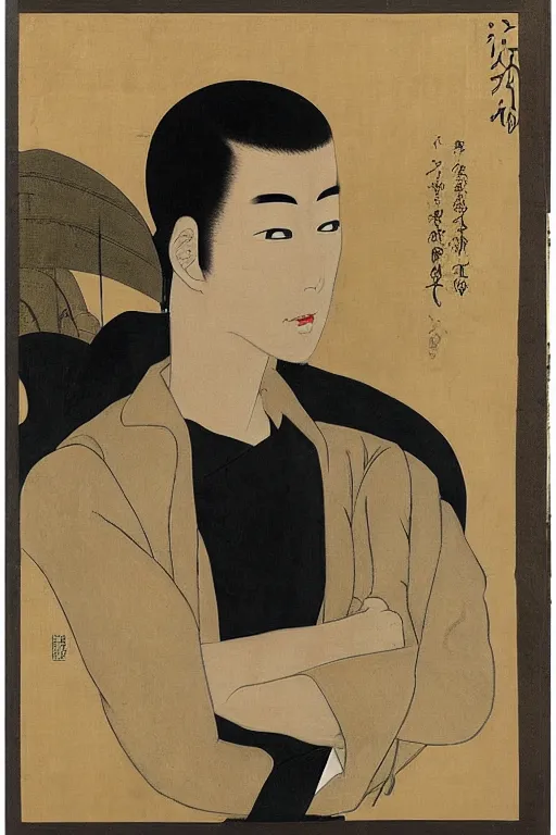 Image similar to portrait of young man wearing black medical mask, style of tsuguharu foujita