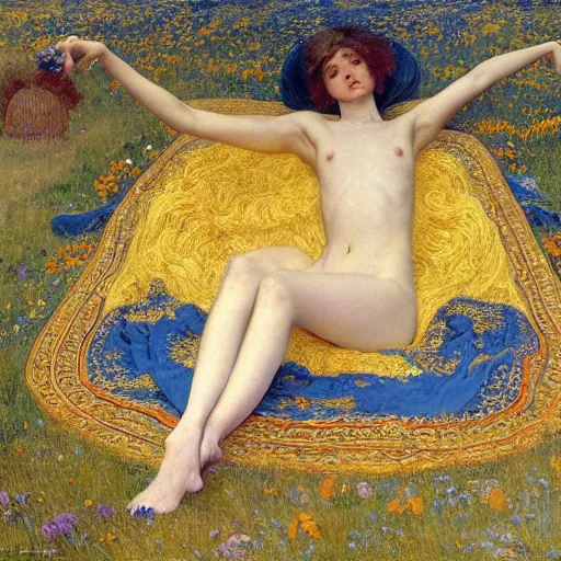 Image similar to masterpiece full body portrait of a beautiful woman with a perfect body lying on an ornate gold and blue carpet in a meadow, by Edgar Maxence and Ross Tran and Michael Whelan and Gustav Klimpt