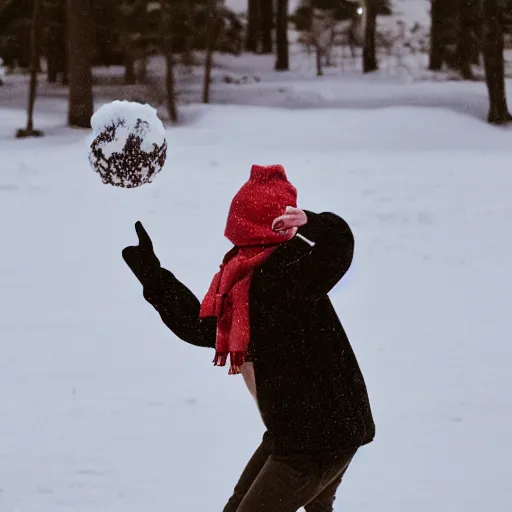 Image similar to a person throwing a snowball that looks like a pomeranian