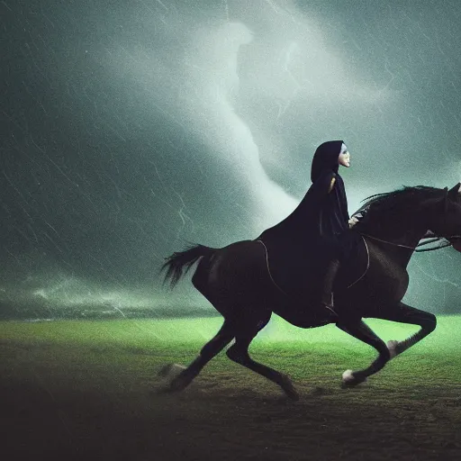 Image similar to a detailed picture of beautiful woman with black hair, wearing a green cloak, running away in a thunderstorm riding a horse at night, 4k