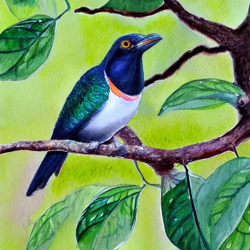 Prompt: A realistic painting of a Trogon in a wild avocado tree, watercolour, pastel colours