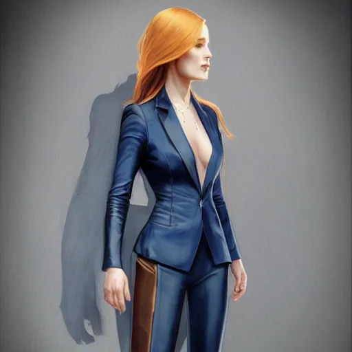 Prompt: full figure ultra realistic illustration, evan rachel wood wearing a futuristic navy blue pantsuit, brown straight hair, western setting, intricate, elegant, highly detailed, digital painting, artstation, concept art, smooth, sharp focus, illustration, art by artgerm and greg rutkowski and alphonse mucha