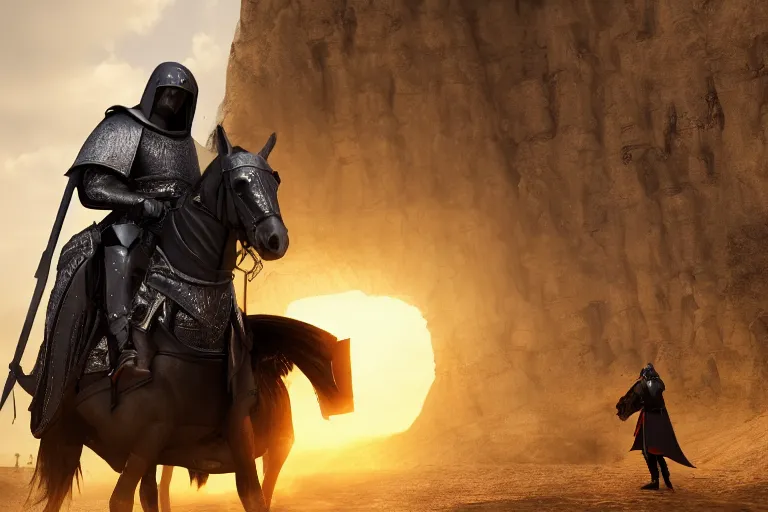 Image similar to A Templar knight, riding a black horse, arriving at a medieval town, with a yellow Uber eats backpack, global illumination, digital art, ue5 render, octane render, almost night, hyper detailed, concept art