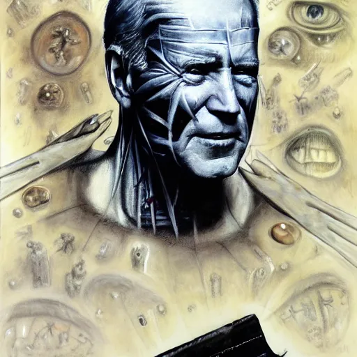 Prompt: painting of Joe Biden as a cenobite, Hellraiser concept art by H.R. Giger, Joel-Peter Witkin, Stephen Gammell, and Beszinski