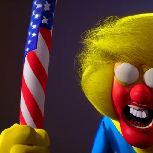 Prompt: Donald Trump as a clown with a yellow wig by Pixar, 3d render, octane render, 4k