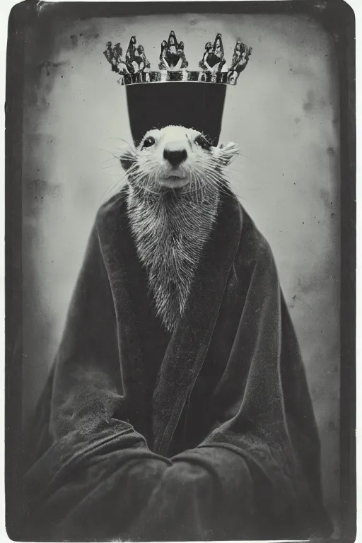 Image similar to a wet plate photo of a ferret priest, wearing a crown, wearing a robe