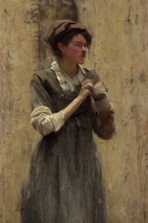 Prompt: Richard Schmid and Jeremy Lipking and Jonathan Pratt full length portrait painting of a young beautiful traditonal victorian peasant woman