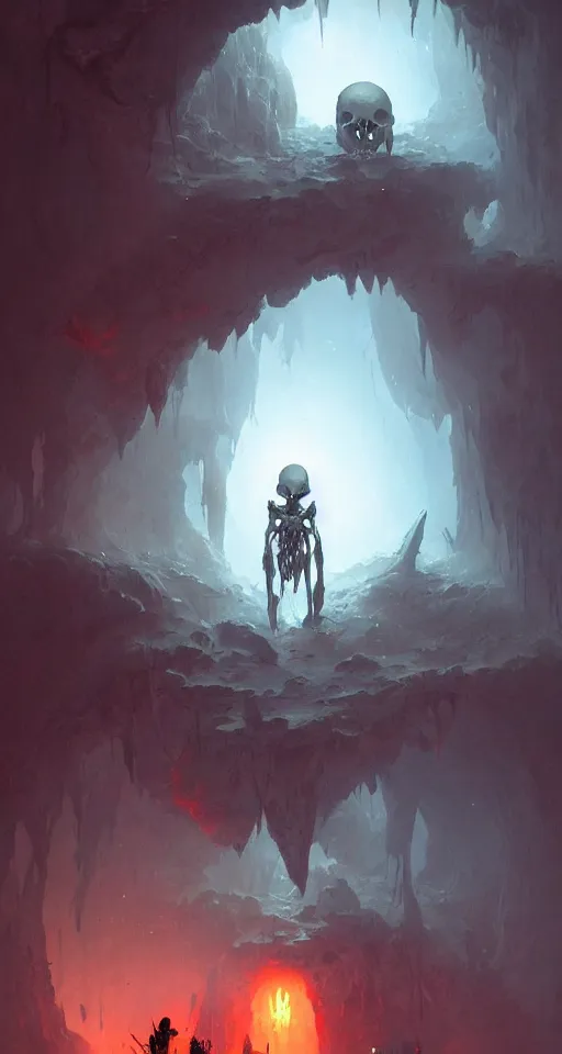 Image similar to cave with an entrance looks like a skull by peter mohrbacher and tsutomu nihei, trending on artstation,