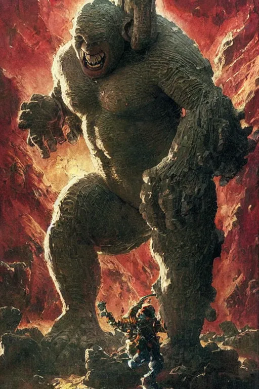 Prompt: full body portrait of martyn ford as huge golem attacking spaceship, dynamic action, by norman rockwell, jack kirby, jon berkey, earle bergey, craig mullins, ruan jia, jeremy mann, tom lovell, marvel, astounding stories, 5 0 s pulp illustration, scifi, fantasy