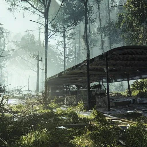 Image similar to screenshot of a new Call of Duty multiplayer map, an aircraft hangar overgrown with vegetation, debris scattered throughout, forest, dramatic lighting, cinematic, Unreal Engine, 8k, render