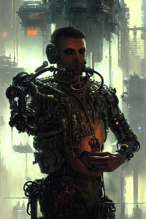 Prompt: a futuristic cyberpunk pirate with a cybernetic armed arm, upper body, highly detailed, intricate, sharp details, dystopian mood, sci-fi character portrait by gaston bussiere, craig mullins