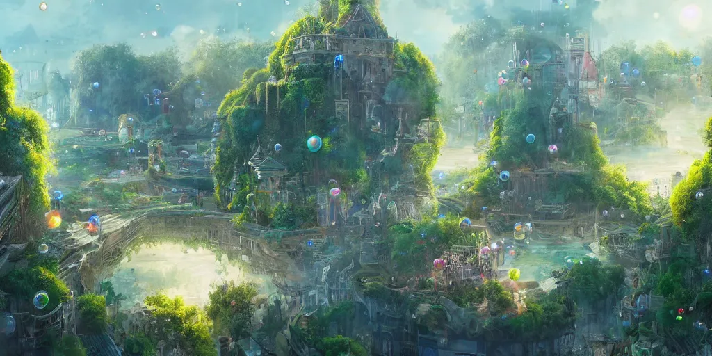 Prompt: a utopian city, filled with fauna, with bubbles floating around everywhere, building cover with plant, dynamic lighting, fantasy concept art, trending on art station, stunning visuals, creative, cinematic, ultra detailed