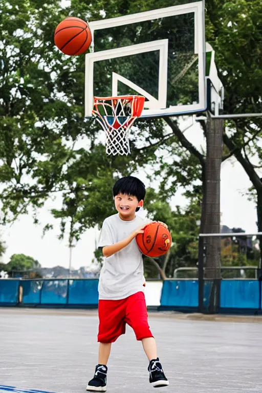 Prompt: a cute chinese boy playing basketball