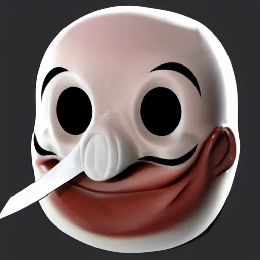 Image similar to collectible vinyl designer toy, cartoon character, head shaped as crescent moon, creepy smiling evil face with wrinkles, holds a small knife in hand