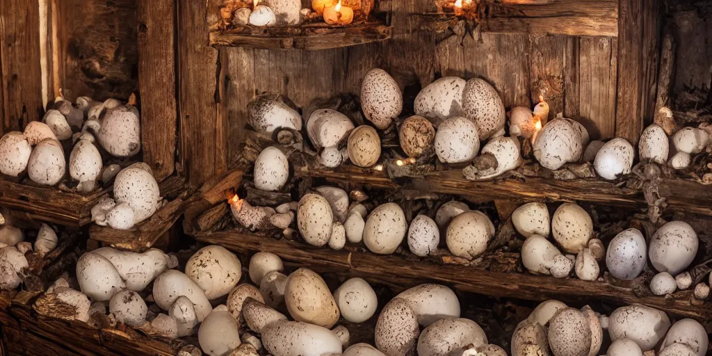 Image similar to a large old wooden cabinet full of extremely detailed scary alien eggs, burning candels in front, beautifull low light