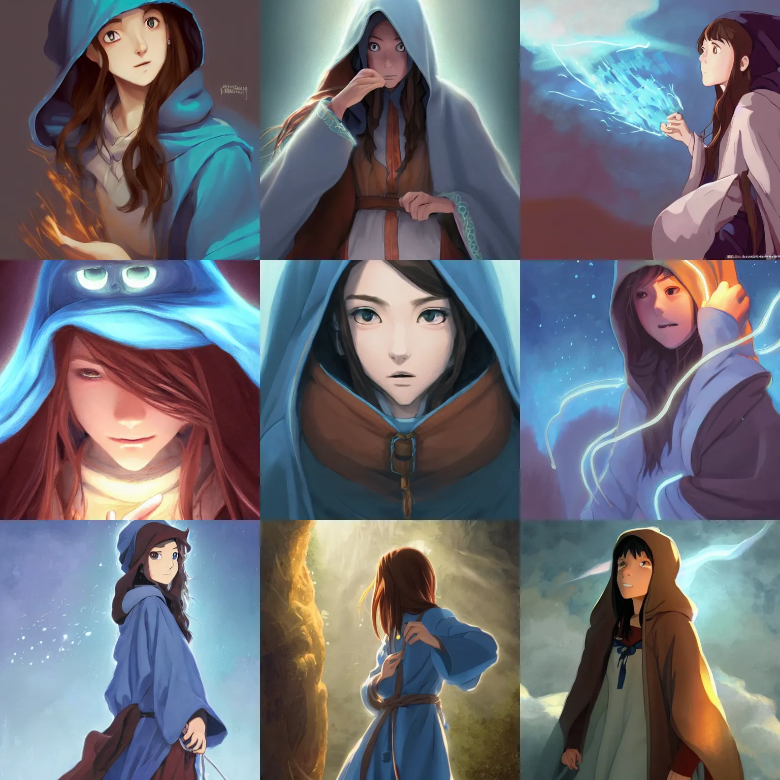 Prompt: a female wizard with brown hair wearing a blue hood and blue robe has her soul sucked out by a will - o - wisp, ambient lighting, highly detailed, digital painting, trending on pixiv fanbox, studio ghibli, extremely high quality artwork, art by ross tran and artgerm and makoto shinkai
