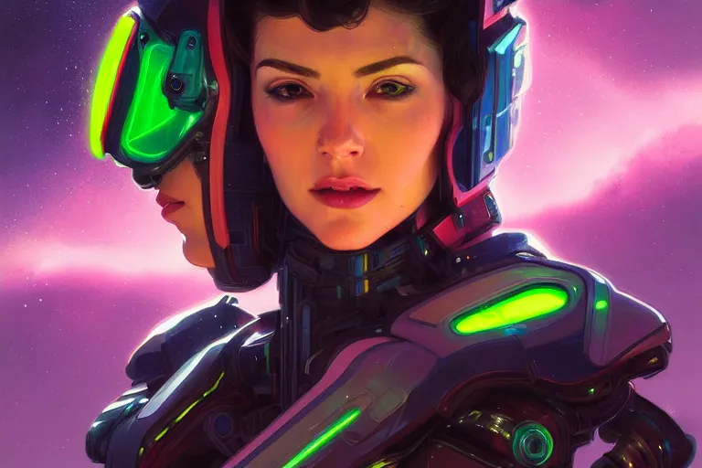 Image similar to Exhausted good looking young woman, close up portrait, wearing neon colored armour suit in a space station, elegant, intricate, retrofuturistic digital painting, artstation, concept art, smooth, sharp focus, illustration, art by artgerm and greg rutkowski and alphonse mucha