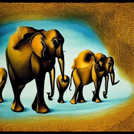 Image similar to A carpet with dancing elephants by Salvador Dali, beautiful aesthetic, trending on behance, digital illustration, custom brush, good art, perception of value