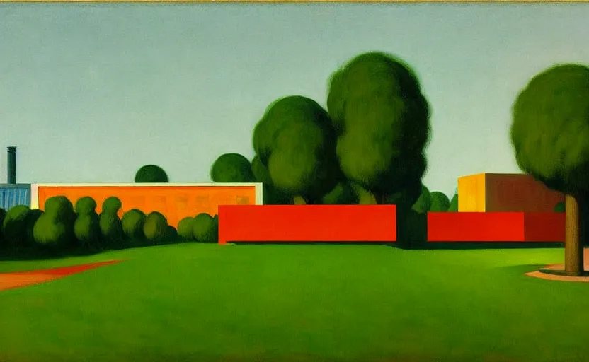 Image similar to geometric painting of industrial buildings surrounded by undergrowth by edward hopper