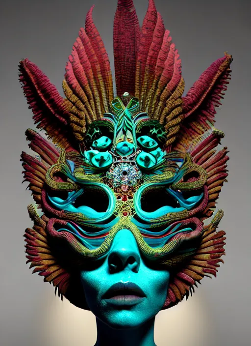 Image similar to 3 d mexican goddess profile portrait. beautiful intricate highly detailed quetzalcoatl mask and feathers. low - key lighting, bioluminescent, plasma, lava, ice, water, wind, creature, artwork by tooth wu and wlop and beeple and lee jeffries, 8 k trending on artstation,