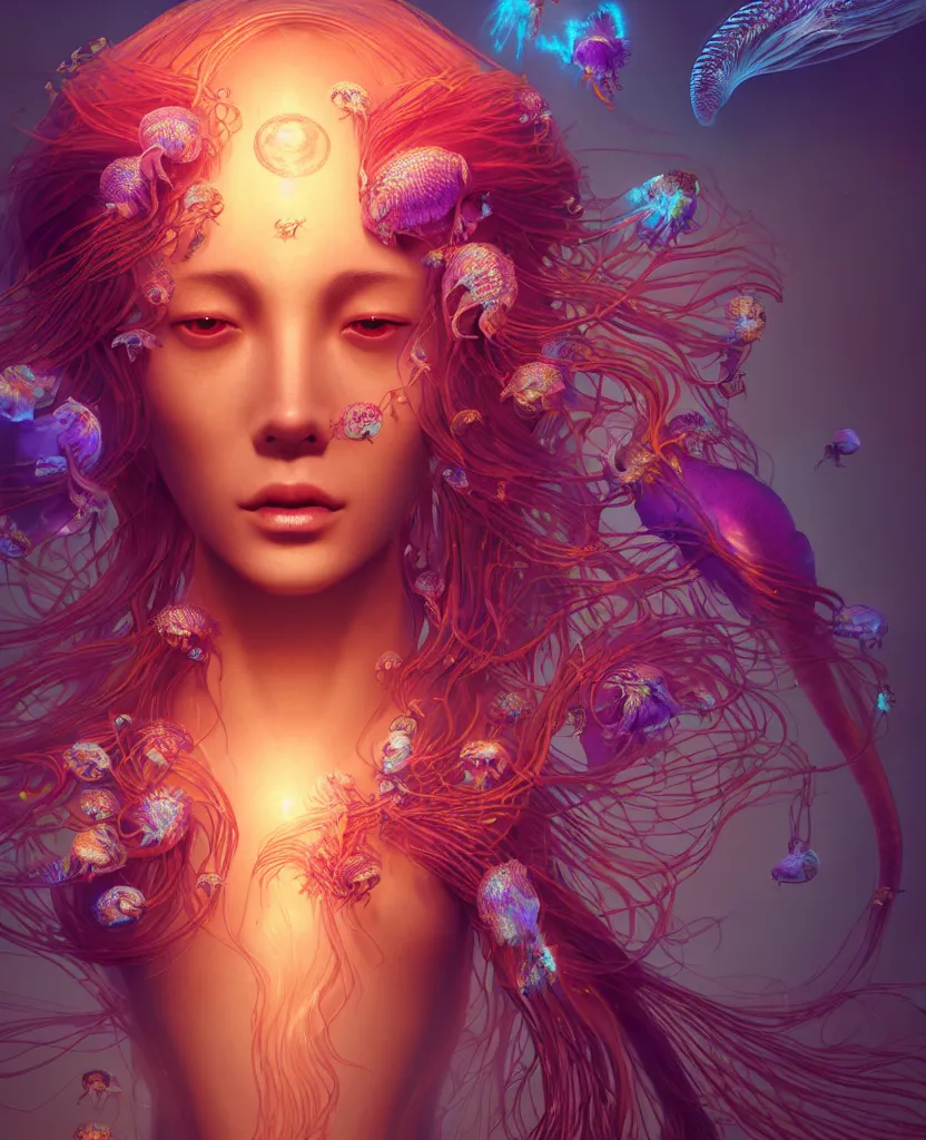 Image similar to goddess close-up portrait. jellyfish phoenix head, nautilus, orchid, skull, betta fish, bioluminiscent creatures, intricate artwork by Tooth Wu and wlop and beeple. octane render, trending on artstation, greg rutkowski very coherent symmetrical artwork. cinematic, hyper realism, high detail, octane render, 8k