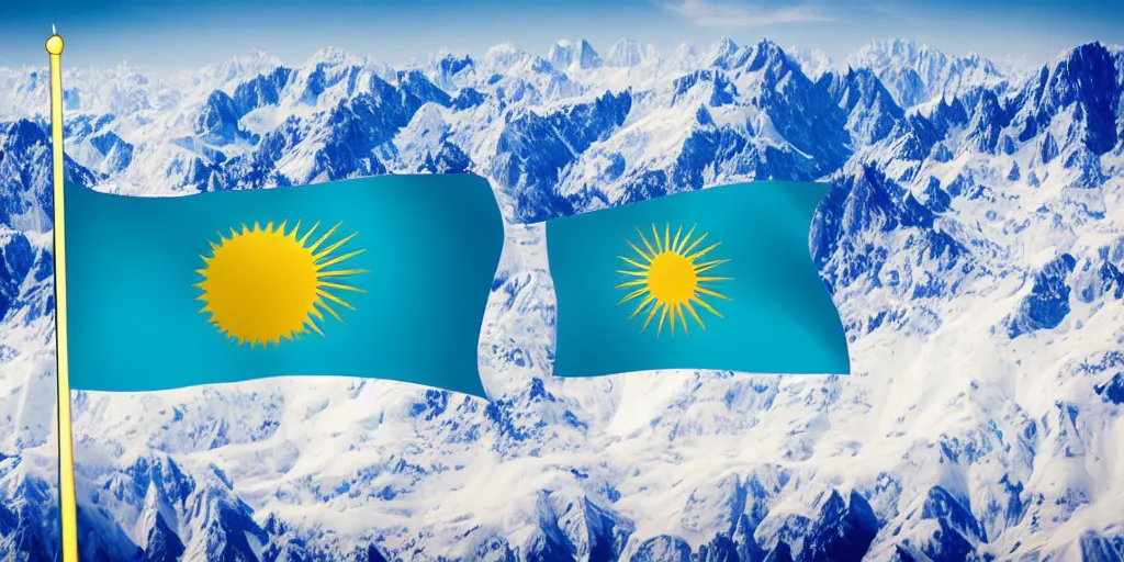 Image similar to flag of kazakhstan flying over mountain