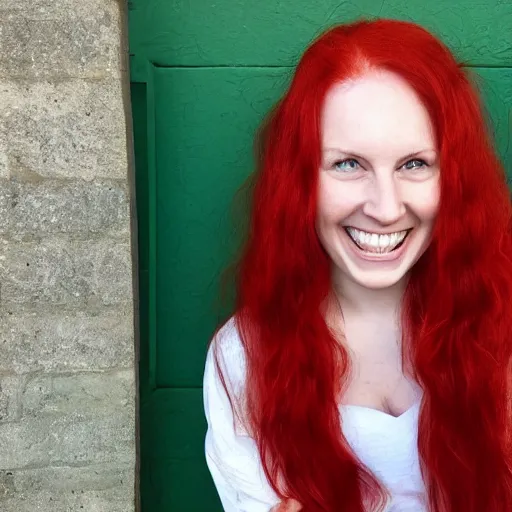 Image similar to a smiling woman with red hair, green eyes, dimples, and rosy cheeks