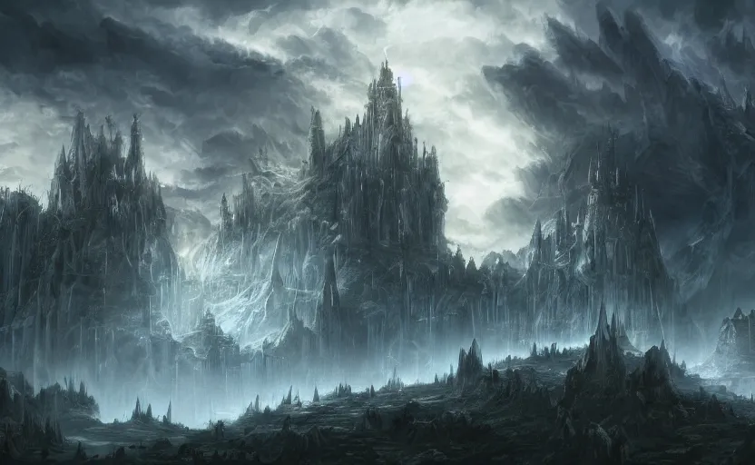 Prompt: an arcane fortress, magical and powerful, landscape art, mindblowing, concept art, matte, illustration, ominous, magical, dnd, 4 k uhd, very detailed