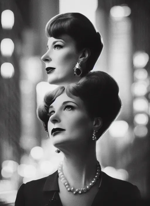 Image similar to a hyper realistic and detailed head portrait photography of a joan holloway of mad men on madison avenue, new york city. by annie leibovitz. noir style. cinematic. neon lights glow in the background. ilford hp 5 4 0 0, canon eos c 3 0 0, ƒ 1. 8, 3 5 mm, 8 k, medium - format print